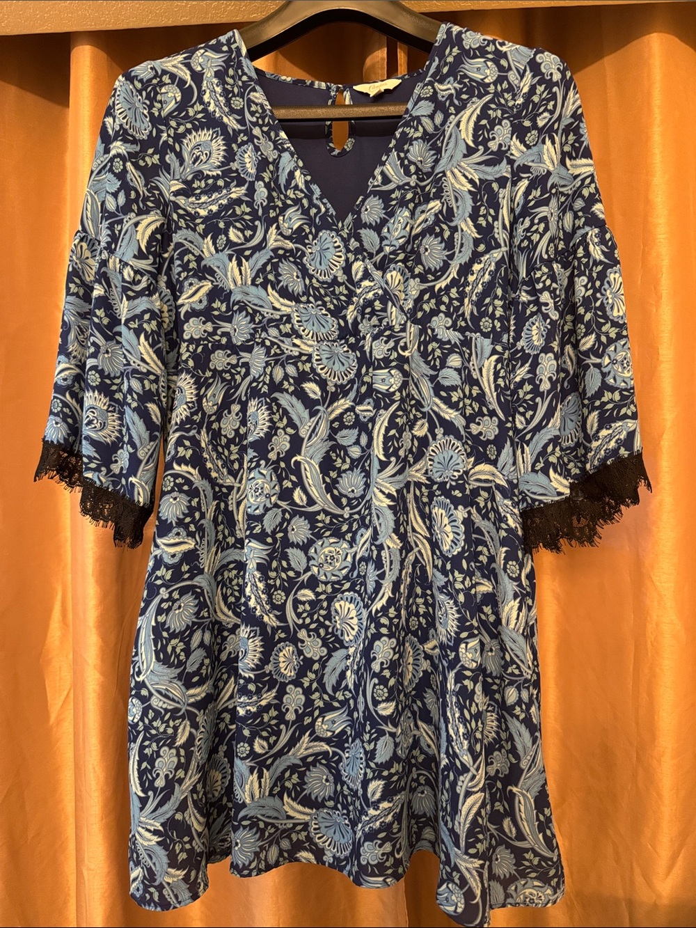 Candie's Navy and Light Blue Floral V‑Neck Dress with Black Lace Cuffs